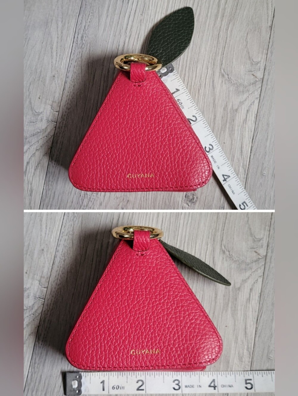 Cuyana Triangle Fruit Pouch Italian Leather Rare Raspberry & Gold Hinge, 4" x 4" - Picture 4 of 16